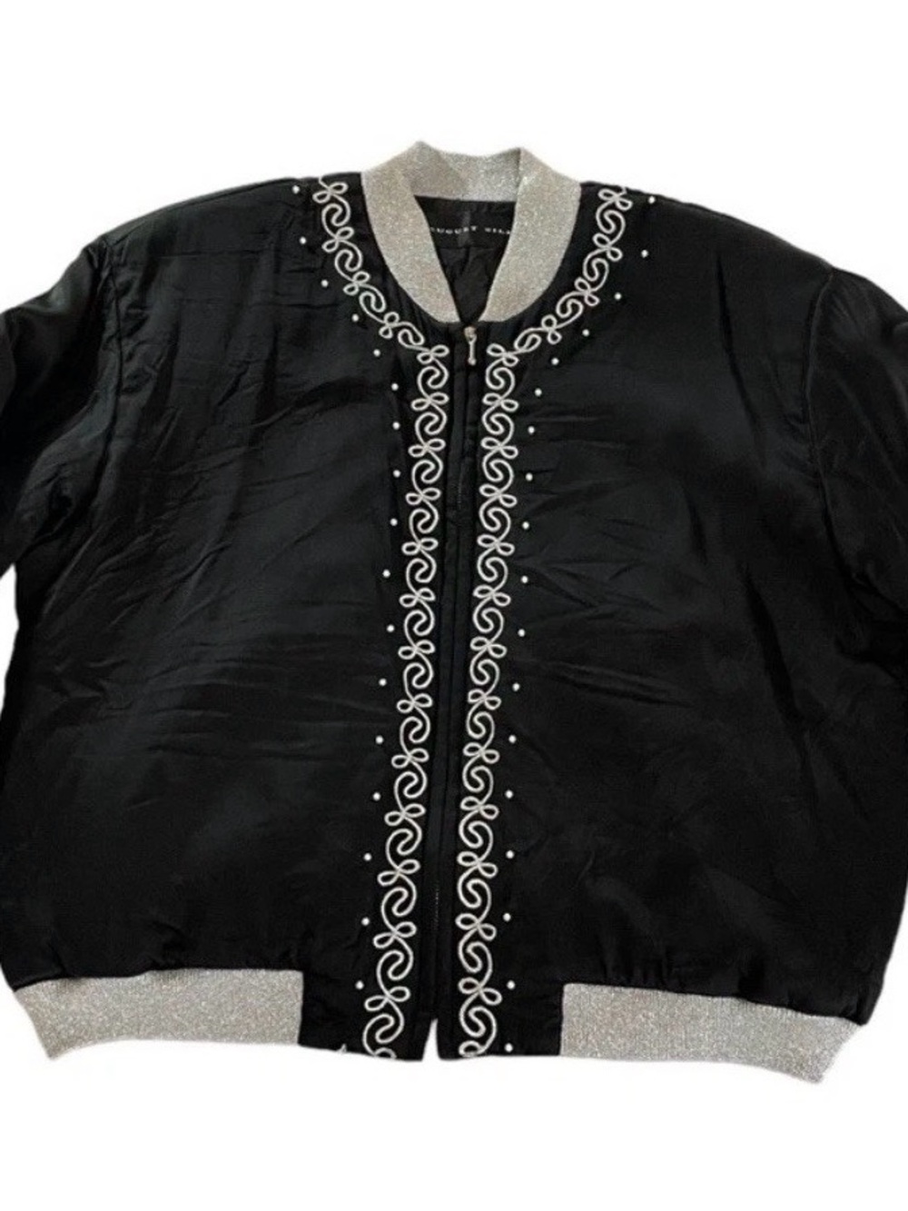 Womens Vintage August Silk Black Silver Embellished Zip Front Jacket Sz Small